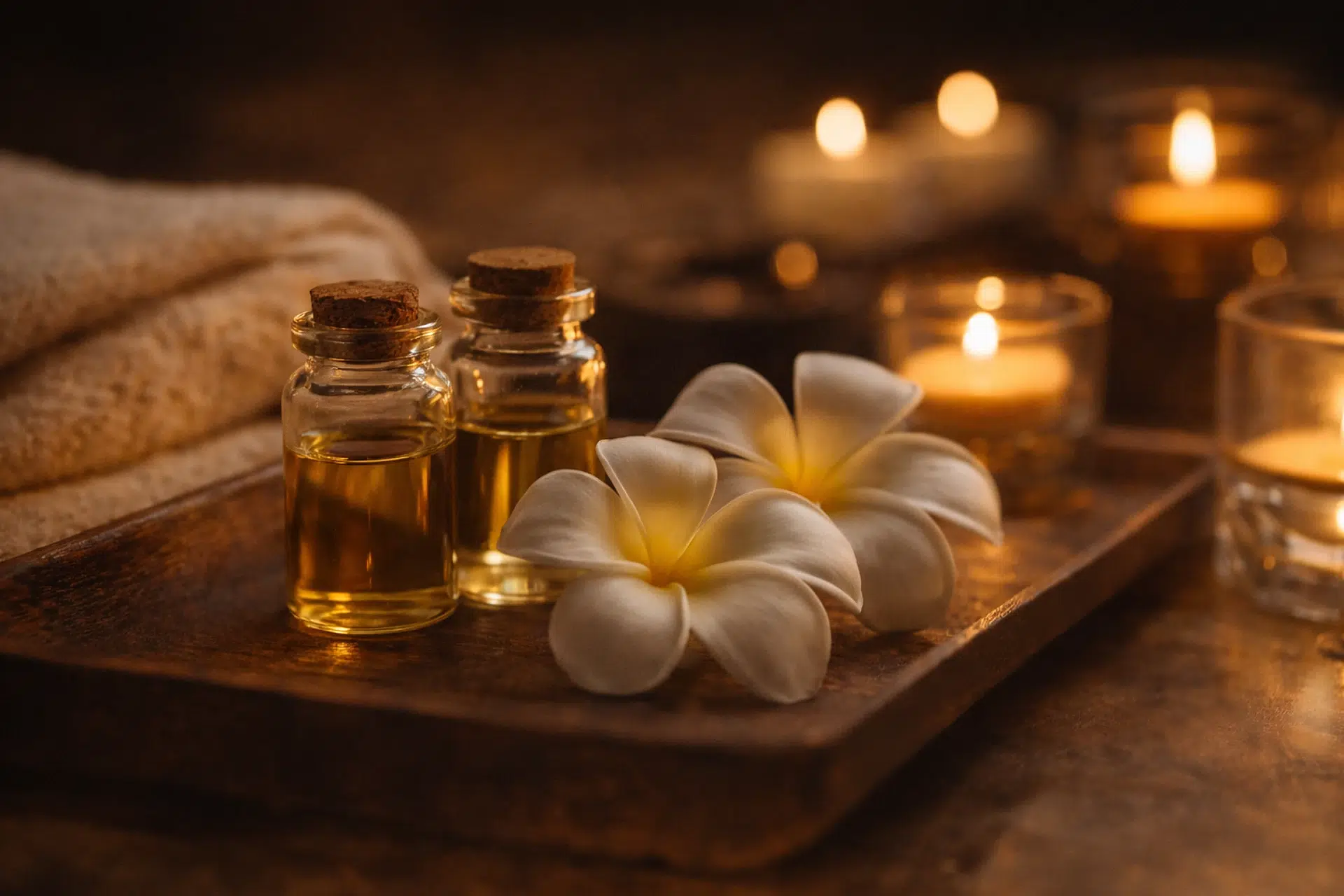 Bouteilles d'huile, fleurs et bougies